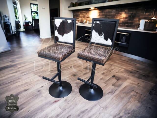 Genuine Cowhide & Diamond Leather Adjustable Counter Stool With Back Rest - B - Glbk - image 1