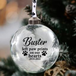 Pet Memorial Bauble, Gift, Personalised Left Paw Prints On Our Hearts, Dog Loss Cat Loss 8cm Glass Bauble 11 Colours