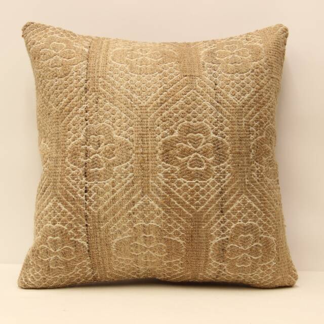 Vintage Turkish Wool Pillow Cover, Beige Kilim Design - 18x18 - image 1