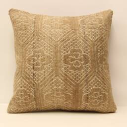 Vintage Turkish Wool Pillow Cover, Beige Kilim Design - 18x18 - thumbnail 1