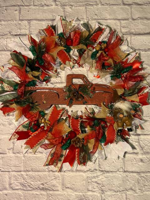 Handmade Red Truck Christmas Wreath Santa Holiday Decor - image 1