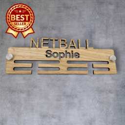 Netball Medal Hanger - Wood Colours, Custom Name & Colour