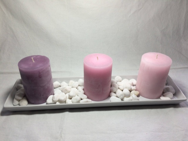 Hand Crafted 5 Piece Scented Pink Candles On White Ceramic Dish With White Pebbles - image 1