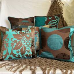 "Designers Guild Velvet Pillow Cover Bohemian Teal & Brown Cushion - 16""x 16" - thumbnail 2