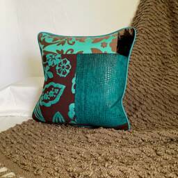 "Designers Guild Velvet Pillow Cover Bohemian Teal & Brown Cushion - 16""x 16" - thumbnail 3