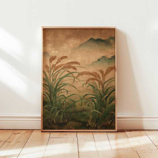 Japanese Rice Field Wall Art, Vintage Nature Landscape Poster, Traditional Botanical Print, Misty Mountain Scene, Unframed Zen Decor - image 1