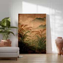 Japanese Rice Field Wall Art, Vintage Nature Landscape Poster, Traditional Botanical Print, Misty Mountain Scene, Unframed Zen Decor - thumbnail 2