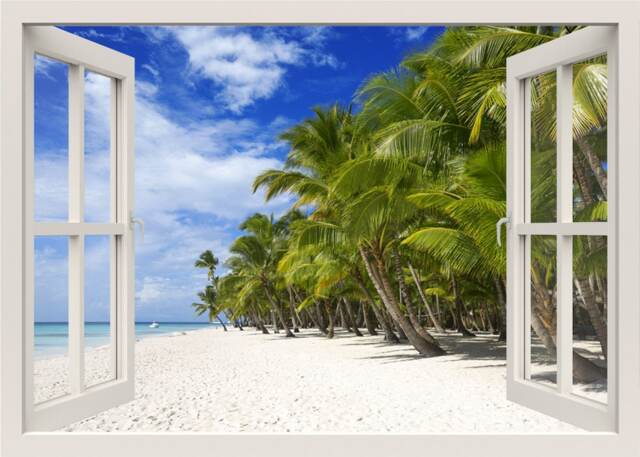 3D Window Wall Decal Sticker, Beach Decal, Palm Trees Frame Tropical Beach, View Mural Home Decor