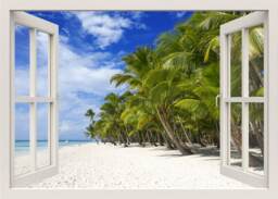 3D Window Wall Decal Sticker, Beach Decal, Palm Trees Frame Tropical Beach, View Mural Home Decor