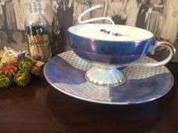Unique Footed Vintage Teacup - Purple White & Gold Egyptian Musk Vanilla Candle - thumbnail 1