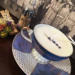 Unique Footed Vintage Teacup - Purple White & Gold Egyptian Musk Vanilla Candle - thumbnail 2