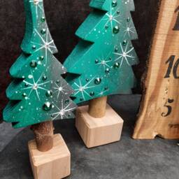 Emerald Green & Pearl Gray With A Star Or Pattern, Glittering Christmas Tree, Hand-Painted Wooden Tree in 4 Sizes. No. 1 - thumbnail 3