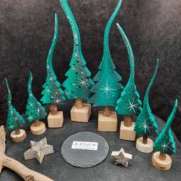 Emerald Green & Pearl Gray With A Star Or Pattern, Glittering Christmas Tree, Hand-Painted Wooden Tree in 4 Sizes. No. 1 - thumbnail 2