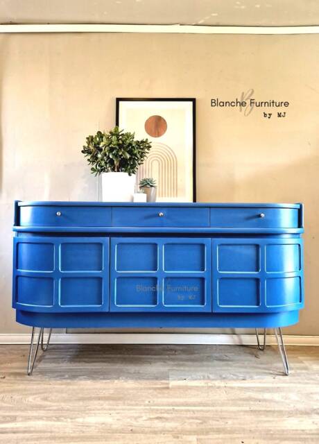 Mid Century Luxury Sideboard Nathan - Curved Teak Lake Blue Steel Hairpin Legs - image 1
