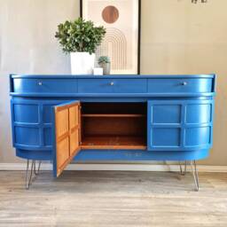 Mid Century Luxury Sideboard Nathan - Curved Teak Lake Blue Steel Hairpin Legs - thumbnail 2