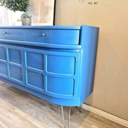 Mid Century Luxury Sideboard Nathan - Curved Teak Lake Blue Steel Hairpin Legs - thumbnail 4