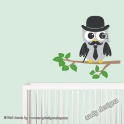 Grandfather Owl Vinyl Decal - Nursery Wall Art, Moustache Monocle - thumbnail 1