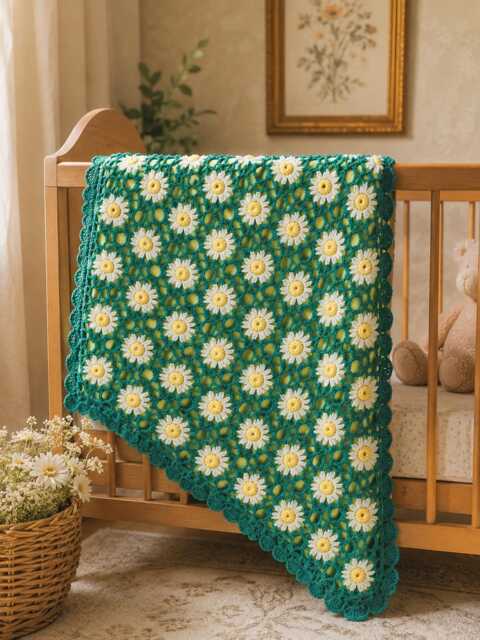 Daisy Crochet Baby Blanket, Handmade Floral Heirloom Newborn Lined Nursery Shower Gift - image 1
