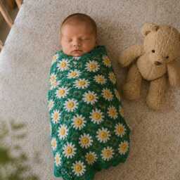 Daisy Crochet Baby Blanket, Handmade Floral Heirloom Newborn Lined Nursery Shower Gift - thumbnail 3