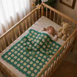 Daisy Crochet Baby Blanket, Handmade Floral Heirloom Newborn Lined Nursery Shower Gift - thumbnail 2
