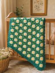 Daisy Crochet Baby Blanket, Handmade Floral Nursery Cotton Lined Heirloom Newborn Shower Gift