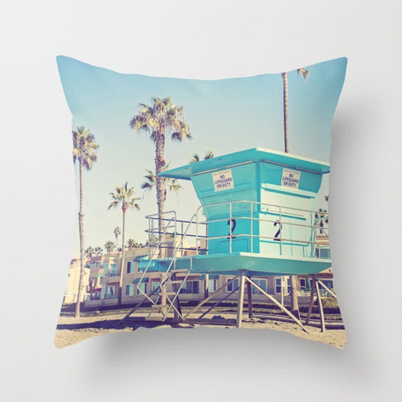 Retro Beach Pillow - Teal Lifeguard Stand Beautiful Ocean Pretty Blue California Throw - image 1
