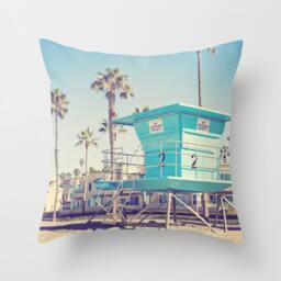 Retro Beach Pillow - Teal Lifeguard Stand Beautiful Ocean Pretty Blue California Throw