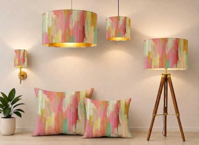 Handmade By Order Luxury Multi Colour Pink Gold Brush Strokes Abstract Art Print Velvet Drum Lamp Shade Pendant Light All Shapes - image 1