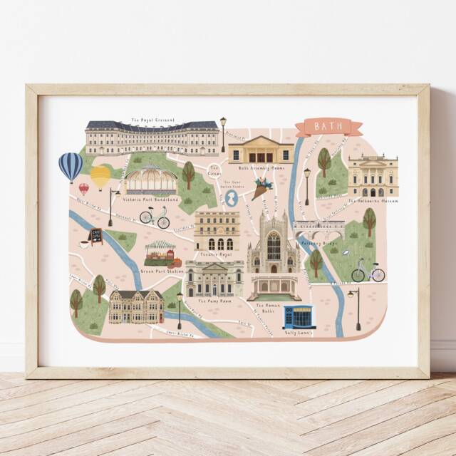 Bath Map, Illustrated Map Of Bath, Poster, Print, Art, Illustration, Gift, Wall Travel, England - image 1