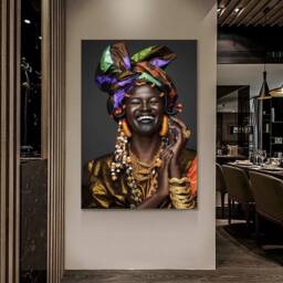 African Smiling Woman Wall Art /African Canvas Print/American Home Decor /Black Make Up - thumbnail 1