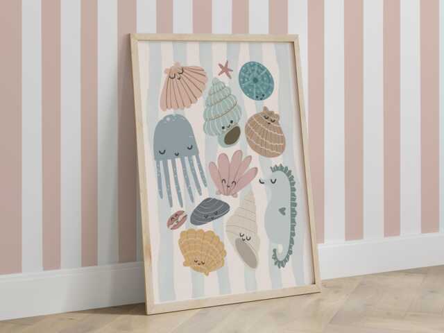 Sea Shells Print in Pastel Blue, Unframed Nursery Print, Girl Bedroom Decor, Ocean Nursery, Teen - image 1