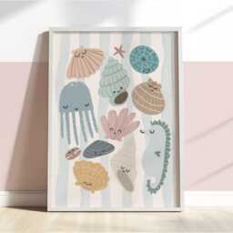 Sea Shells Print in Pastel Blue, Unframed Nursery Print, Girl Bedroom Decor, Ocean Nursery, Teen - thumbnail 3