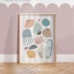 Sea Shells Print in Pastel Blue, Unframed Nursery Print, Girl Bedroom Decor, Ocean Nursery, Teen - thumbnail 2