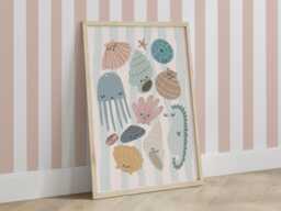 Sea Shells Print in Pastel Blue, Unframed Nursery Print, Girl Bedroom Decor, Ocean Nursery, Teen - thumbnail 1