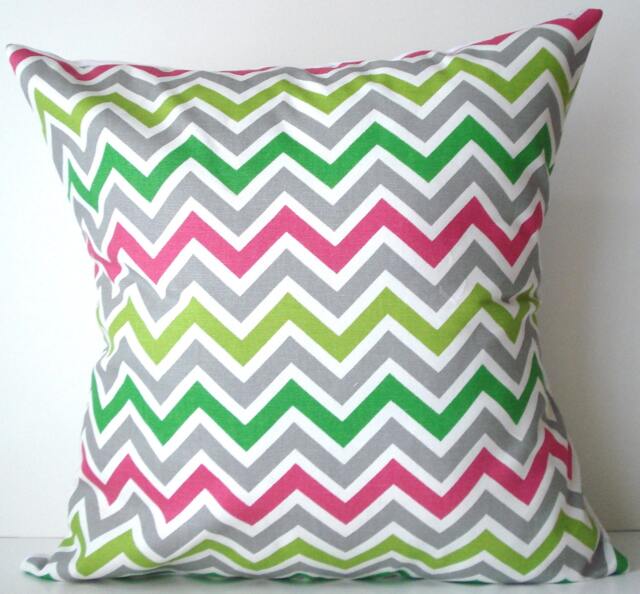 New 18x18 Inch Designer Handmade Pillow Case in Pink, Lime, Green, Grey & Natural Chevron
