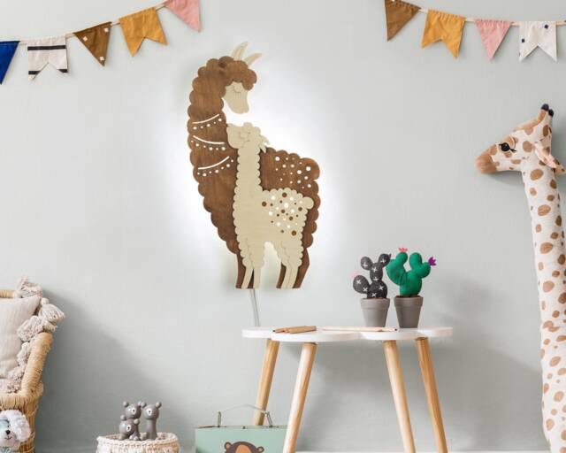 Wall Lamp Wooden Alpaca. Cute Night Light For Kids. Hanging Animal Sconce - image 1