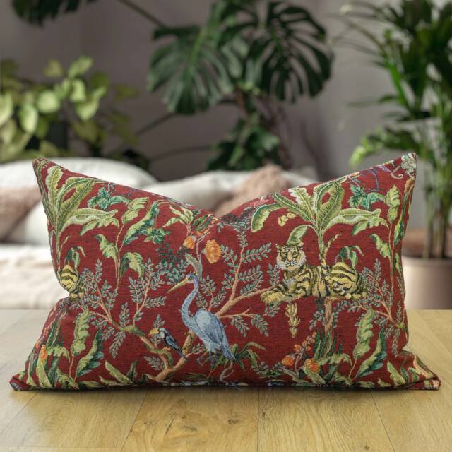 Tapestry Jungle Xl Rectangular Cushion in Bold Red. Exotic Inspired Design With Tigers, Monkeys & Tropical Leaves. 23X15