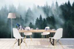 3D Fir Forest Wallpaper, Misty Landscape Wall Mural, Peel & Stick