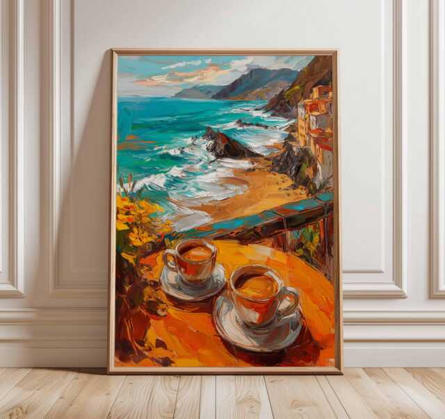 Seaside Caf?? Poster, Ocean View Painting, Coffee Beside The Coastal Wall Art, Mediterranean Travel Print, Beachside Decor - image 1