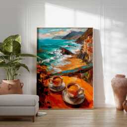 Seaside Caf?? Poster, Ocean View Painting, Coffee Beside The Coastal Wall Art, Mediterranean Travel Print, Beachside Decor - thumbnail 2