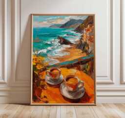 Seaside Caf?? Poster, Ocean View Painting, Coffee Beside The Coastal Wall Art, Mediterranean Travel Print, Beachside Decor - thumbnail 1