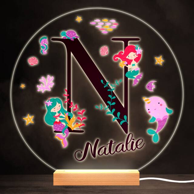 Sealife With Mermaids Alphabet Letter N Round Personalised Gift Lamp Night Light - Bedroom - image 1
