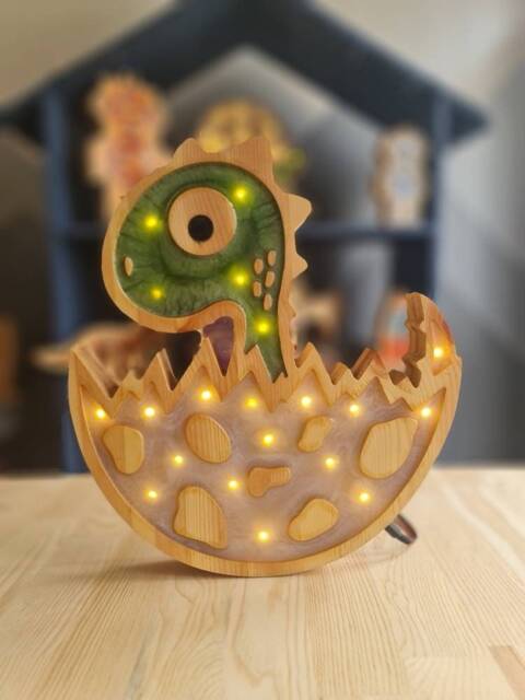 Handmade Dinosaur Night Light - Wooden Dino Lamp For Kids Room Nursery Decor Egg Hatching - image 1