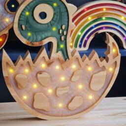 Handmade Dinosaur Night Light - Wooden Dino Lamp For Kids Room Nursery Decor Egg Hatching - thumbnail 3