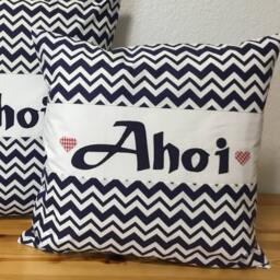 Maritime Pillow Case, Farmhouse Pillow, Country Style Throw Blue/White Ahoy 50x50cm - thumbnail 2