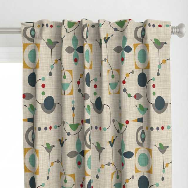 Mid Century Modern Curtain Panel - Retro Geometric Nursery Rocket Custom Birdland in Green By Virginiao - image 1