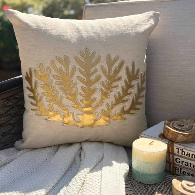 Gold Metallic Applique & Zardozi Work Sea Creature, 24x24/26x26 Beige Cotton Linen Beach Style Euro Sham - Weeds - image 1