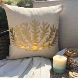 Gold Metallic Applique & Zardozi Work Sea Creature, 24x24/26x26 Beige Cotton Linen Beach Style Euro Sham - Weeds