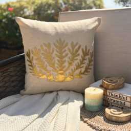 Gold Metallic Applique & Zardozi Work Sea Creature, 24x24/26x26 Beige Cotton Linen Beach Style Euro Sham - Weeds - thumbnail 2