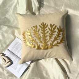 Gold Metallic Applique & Zardozi Work Sea Creature, 24x24/26x26 Beige Cotton Linen Beach Style Euro Sham - Weeds - thumbnail 3
